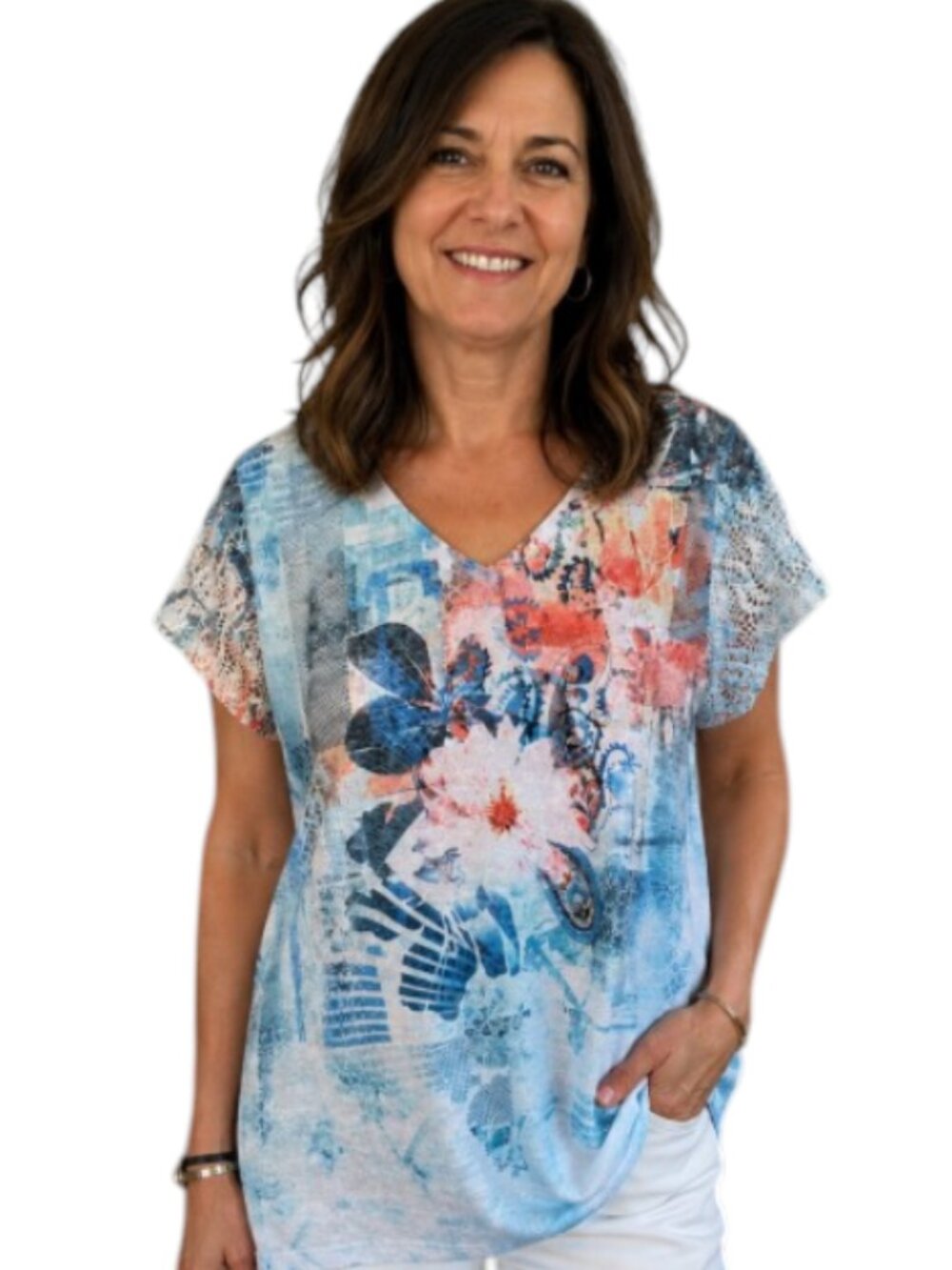 La Donna Floral Abstract Art Print Crochet Sleeve Knit Top Boho Style XL